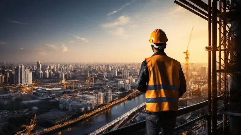 Logistikmitarbeiter steht auf dem Gerüst und schaut sich die große Stadt an.