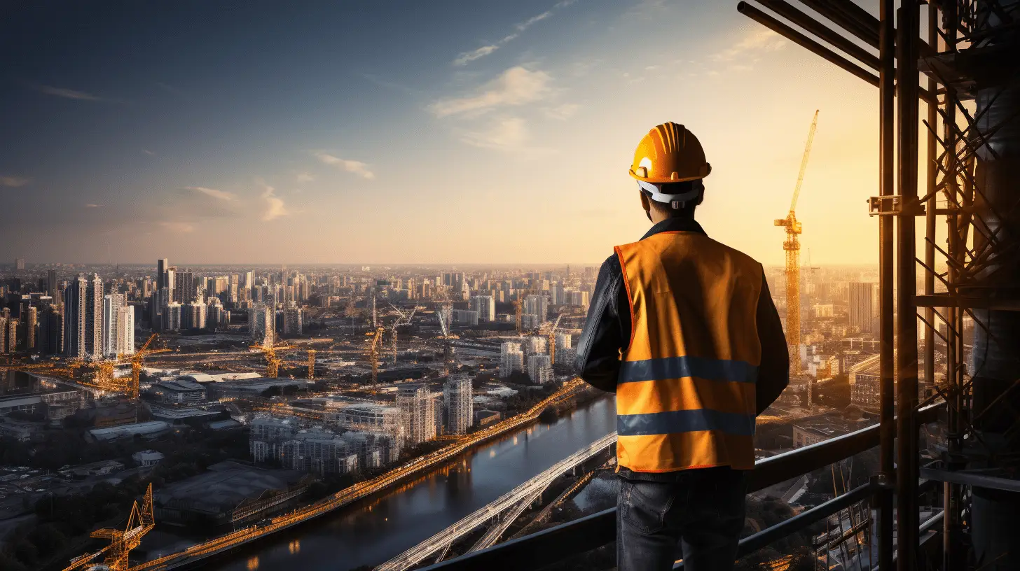 Logistikmitarbeiter steht auf dem Gerüst und schaut sich die große Stadt an.