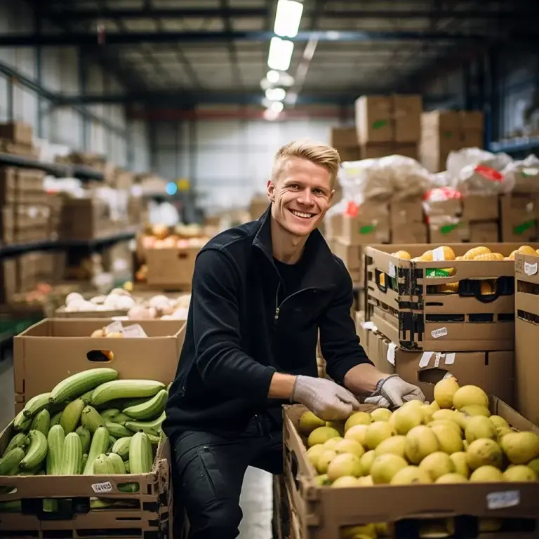 Allcox Logistikmitarbeiter verpackt sorgfältig Lebensmittel, demonstriert Fachkompetenz und Sicherheit in der Lebensmittellogistik.