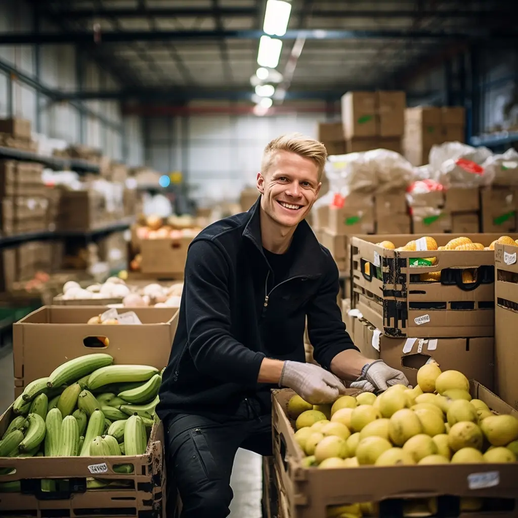 Allcox Logistikmitarbeiter verpackt sorgfältig Lebensmittel, demonstriert Fachkompetenz und Sicherheit in der Lebensmittellogistik.