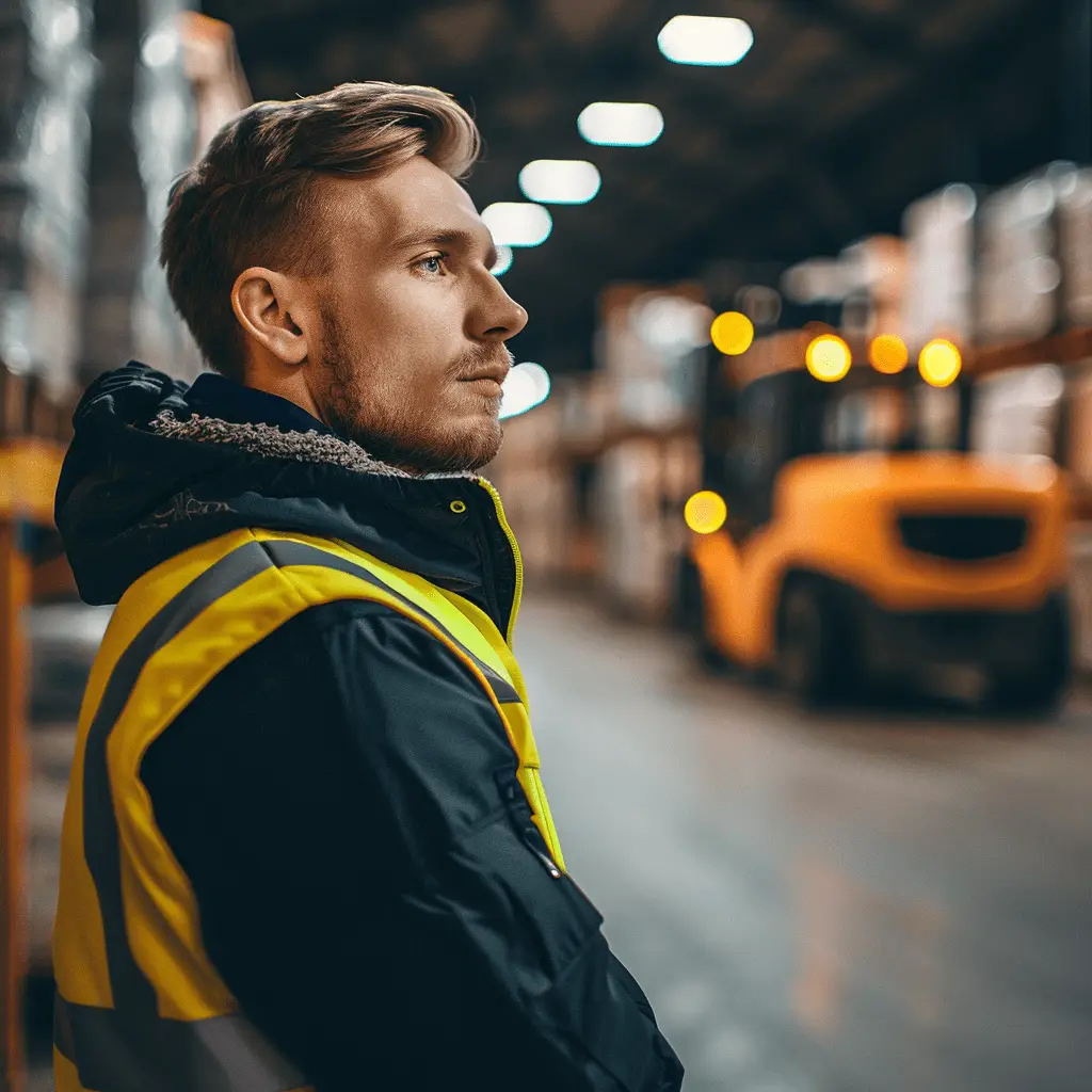 ALLCOX Logistikmitarbeiter bei der Arbeit neben einem Gabelstapler, verkörpert Professionalität und Effizienz in der modernen Logistik.