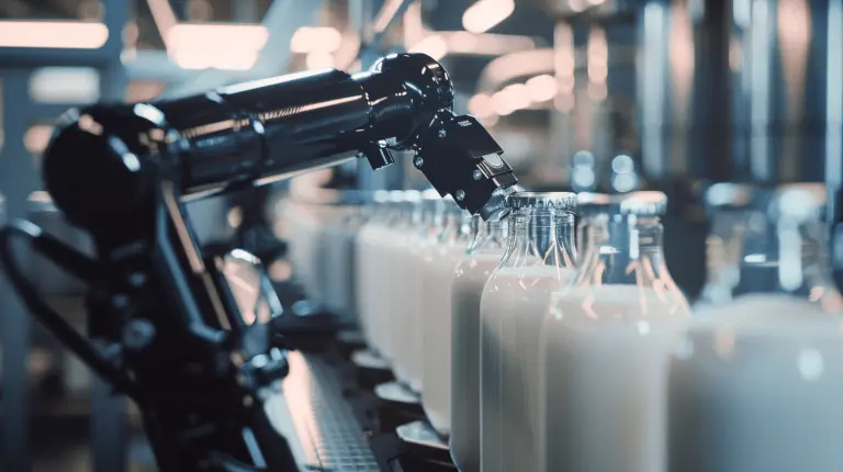 Roboterarm verschließt Flaschen in einer Produktionsstätte - Symbol für die Automatisierung in der Logistik.