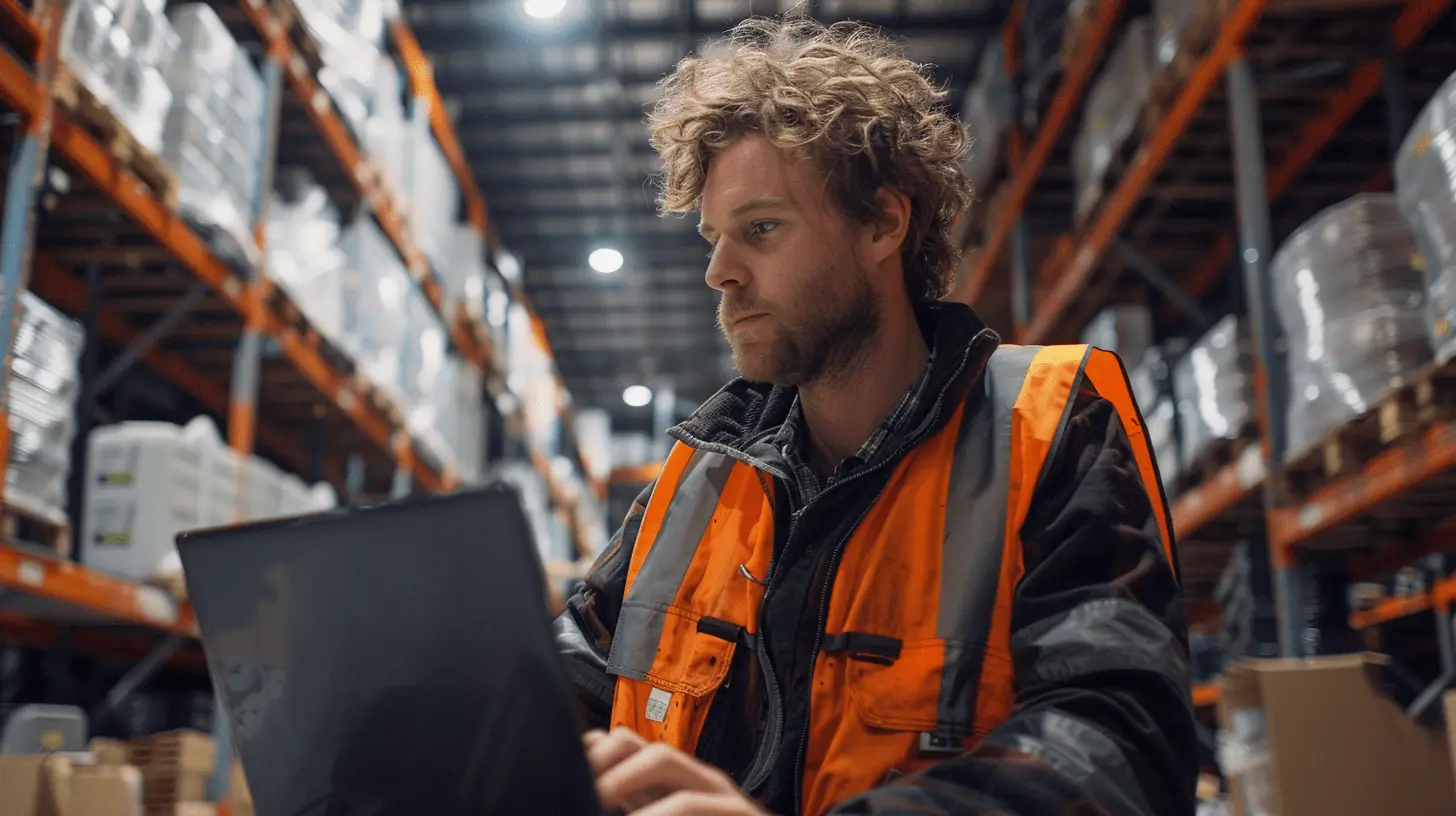 Logistikmitarbeiter der am Laptop arbeitet.