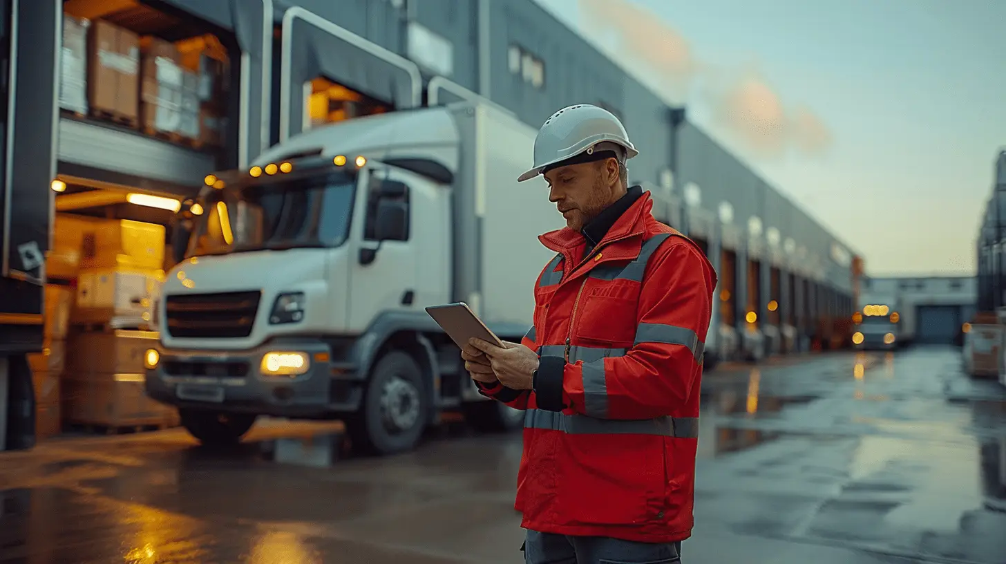 Engagierter Logistikmitarbeiter von Allcox Persona plant Aufgaben auf einem Tablet, mit Logistikdienstleister-Gebäude und LKW im Hintergrund – ein Symbol für starke Mitarbeiterbindung.