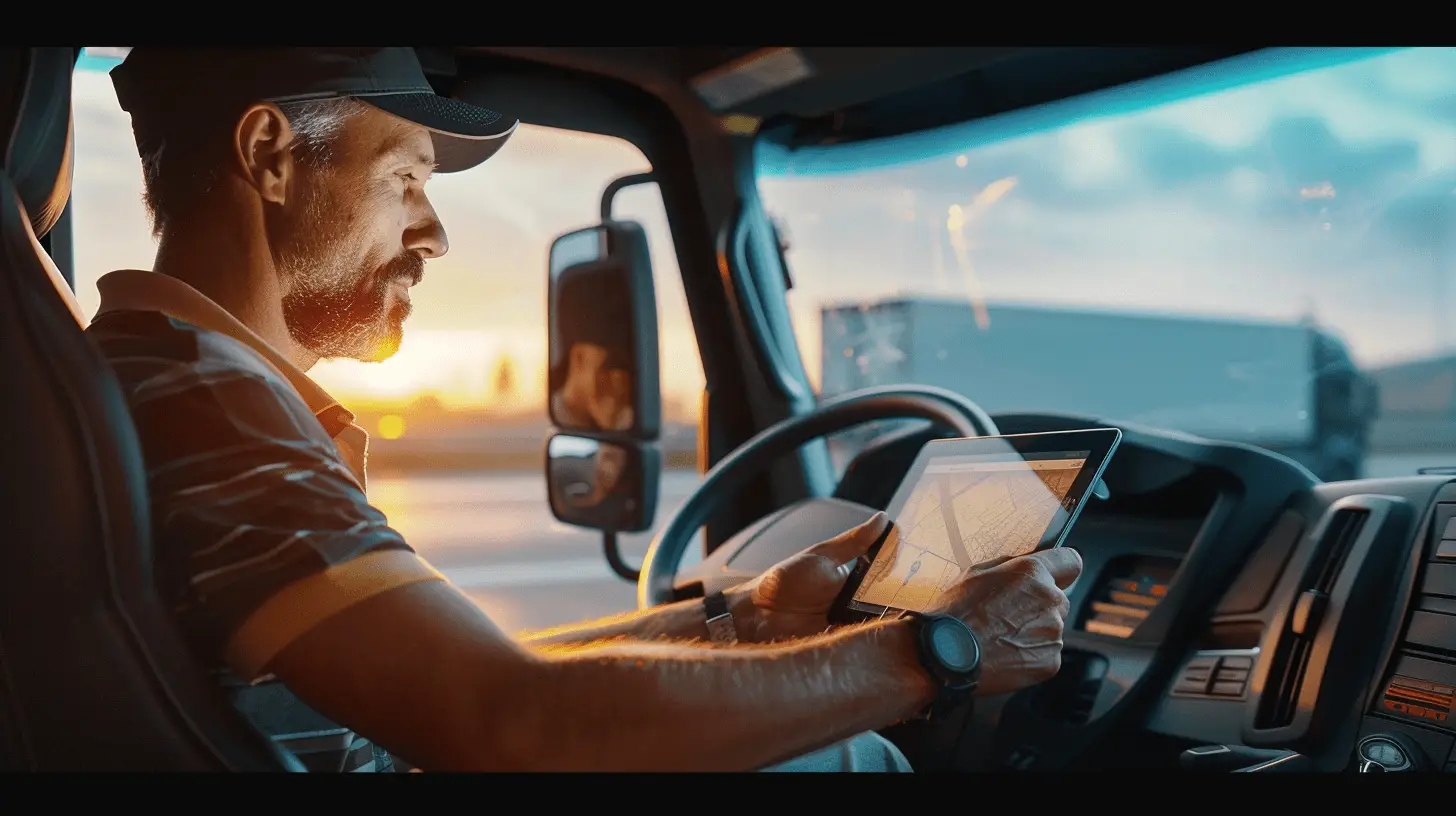 LKW-Fahrer nutzt selbstlernendes Dispositionssystem auf Tablet im LKW