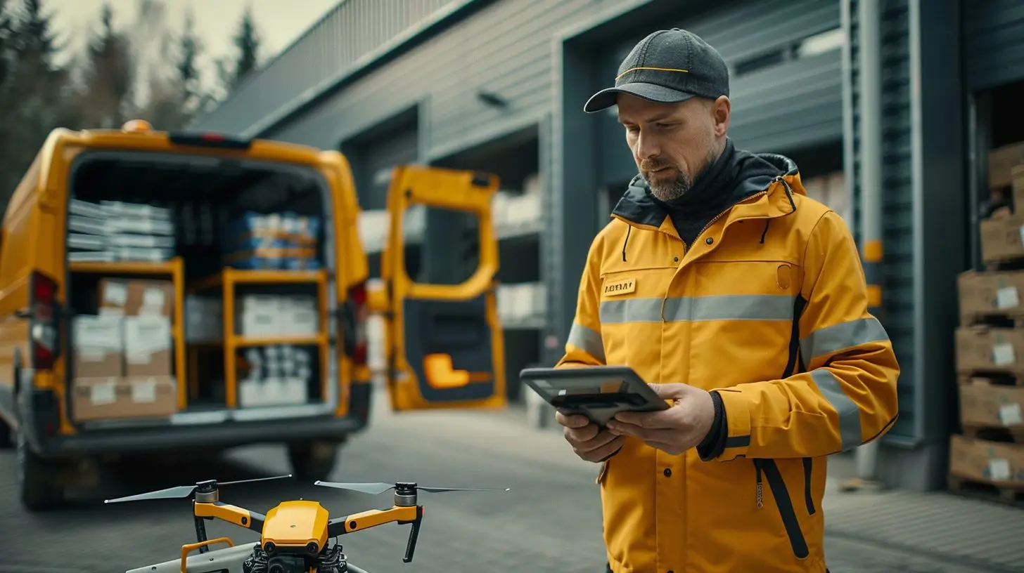 Lieferrand mit Drohne, die Paket liefert, und autonomem Lieferfahrzeug im Hintergrund