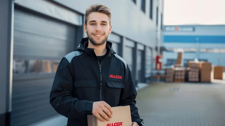 Logistikmitarbeiter von Allcox Persona hält Paket im Lager