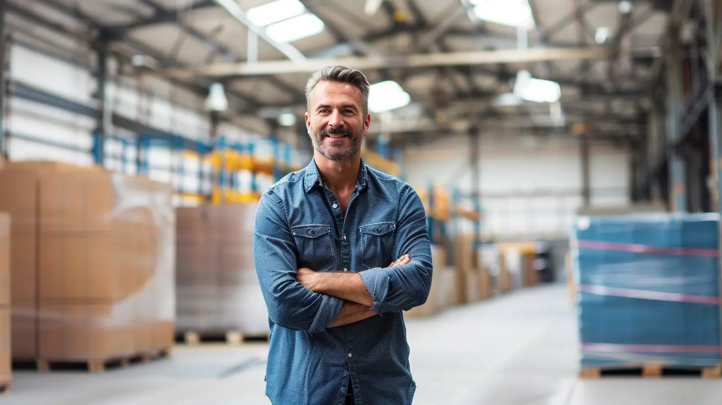 Mann in Jeanshemd in Lagerhalle