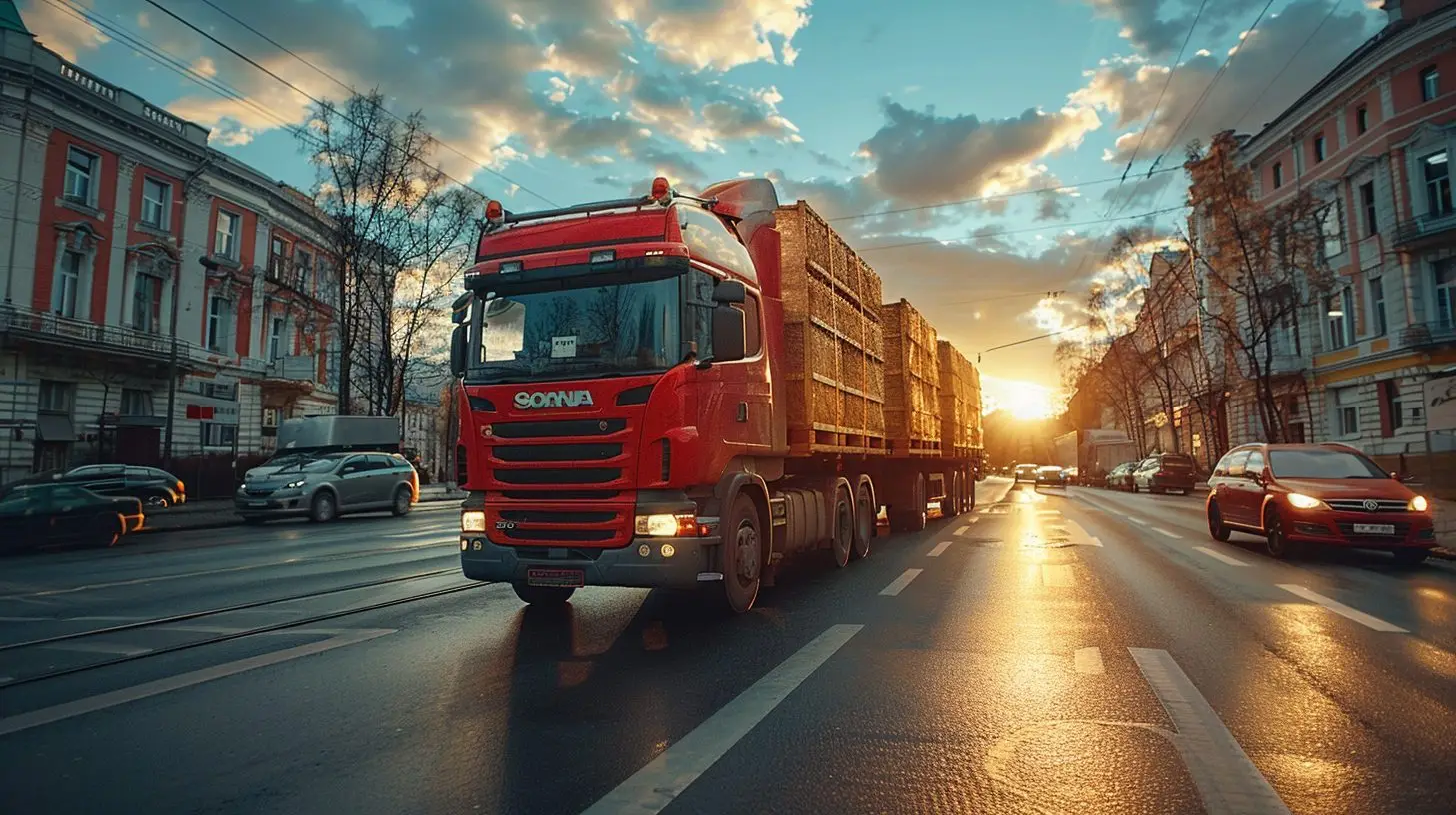 Roter Lastwagen fährt durch eine städtische Umgebung, Urban Logistics.
