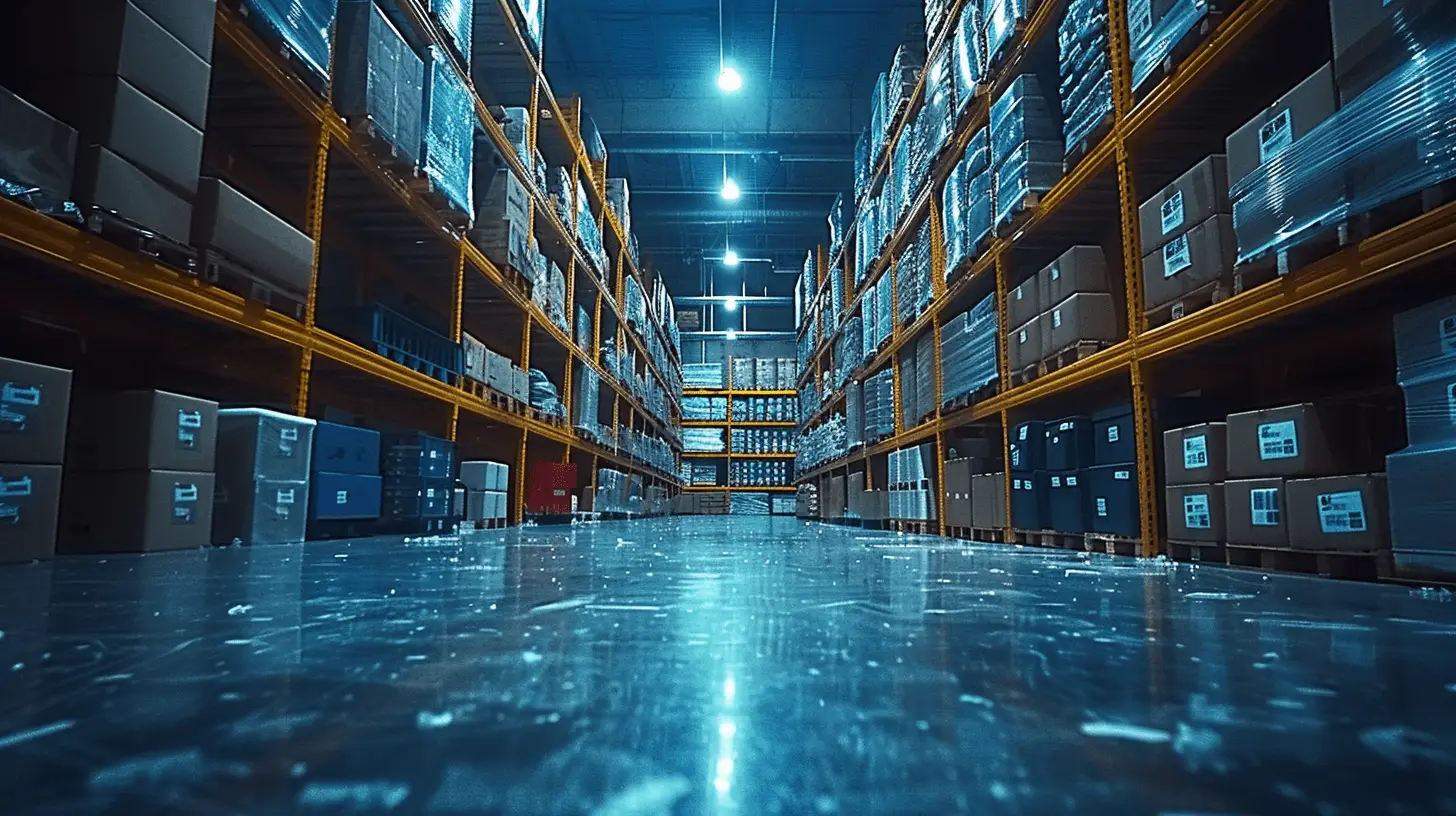 Hochwertiges Bild eines gut organisierten Kanallagers in der Logistik mit Mitarbeitern und Waren auf den Regalen