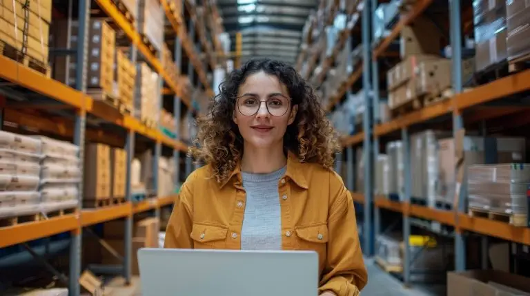 Eine junge Frau führt in einer Lagerhalle effiziente Personalplanung an einem Laptop