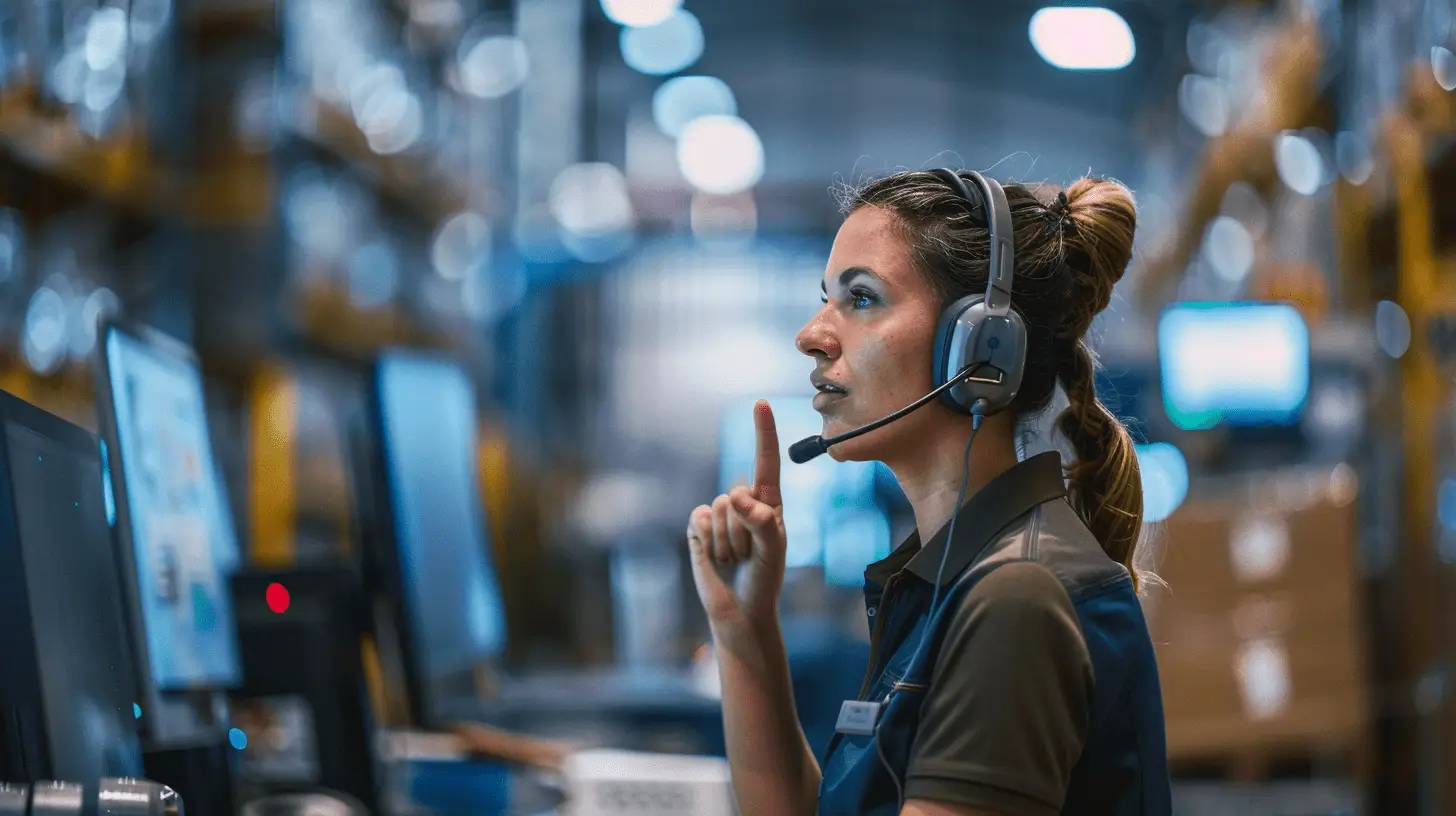 Frau mit Headset im modernen Logistikzentrum