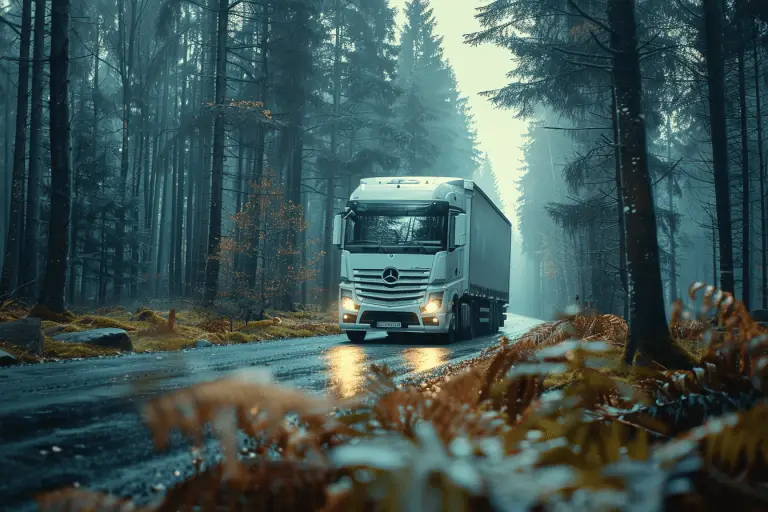 Weißer LKW fährt auf einer Waldstraße, Symbol für umweltfreundliche Green Logistic