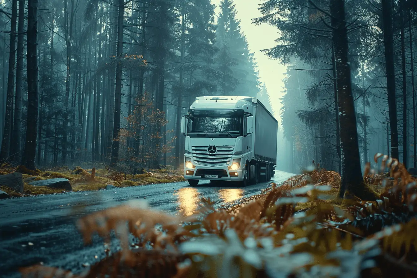 Weißer LKW fährt auf einer Waldstraße, Symbol für umweltfreundliche Green Logistic