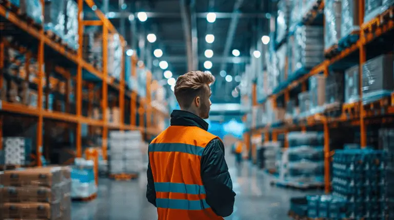 Junger Lagermitarbeiter in Warnweste - Illustration für Lagerarbeiten im Rahmen von Logistikpersonaldienstleistungen.