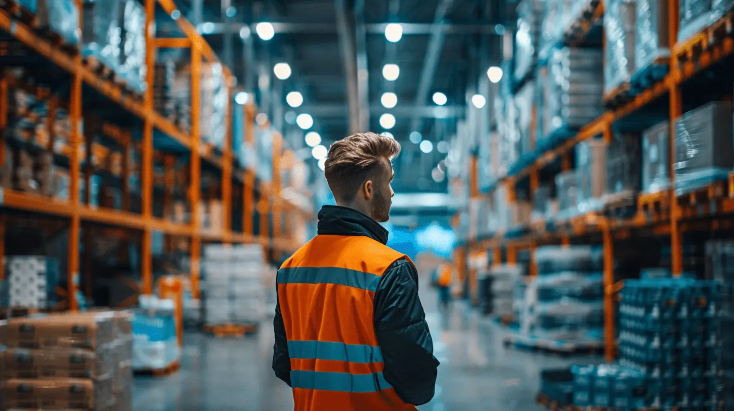Junger Lagermitarbeiter in Warnweste - Illustration für Lagerarbeiten im Rahmen von Logistikpersonaldienstleistungen.