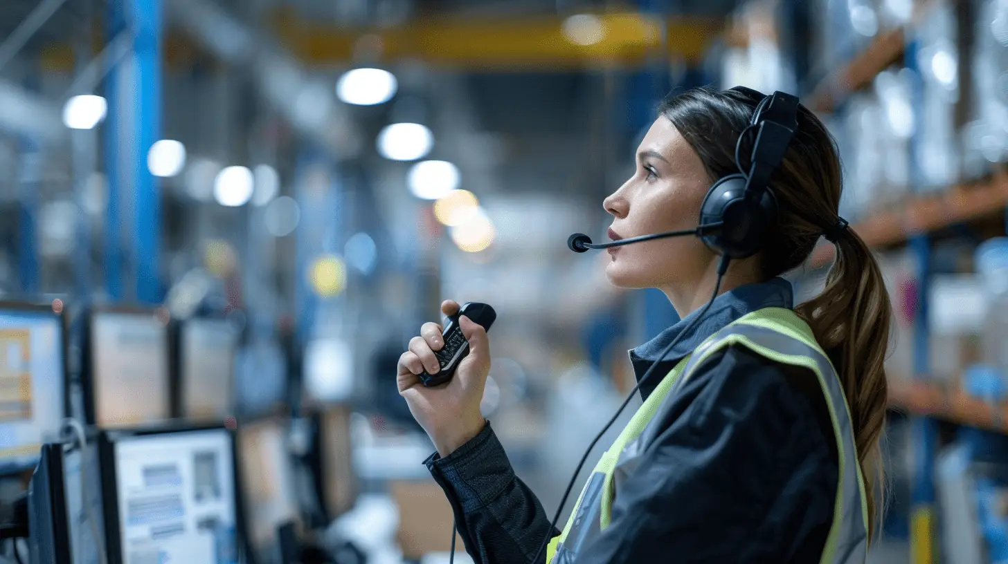 Lagermitarbeiterin mit Kopfhörern vor einem Bildschirm, nutzt Pick-by-Voice-Technologie in einem Logistikzentrum.