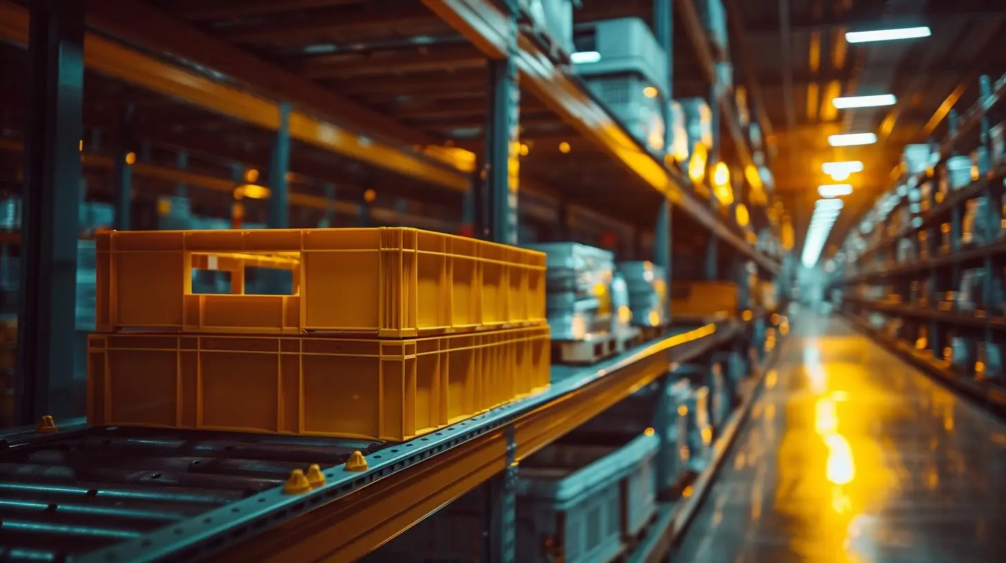 Lagerregal mit gelben Boxen, First in first out (FIFO) Prinzip