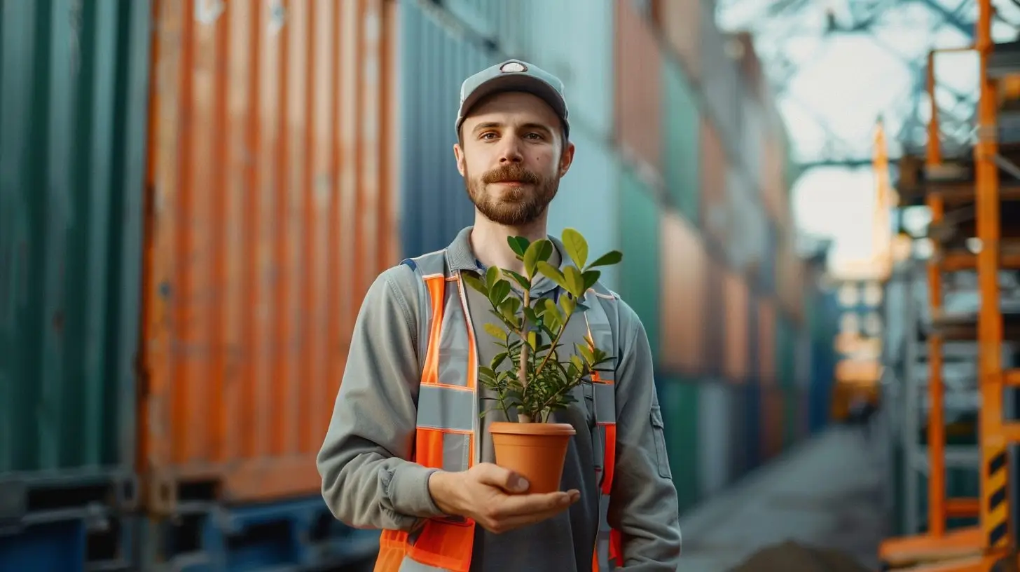 Logistikmitarbeiter in einem Lager hält eine grüne Pflanze, symbolisiert effiziente Personalplanung und Nachhaltigkeit.