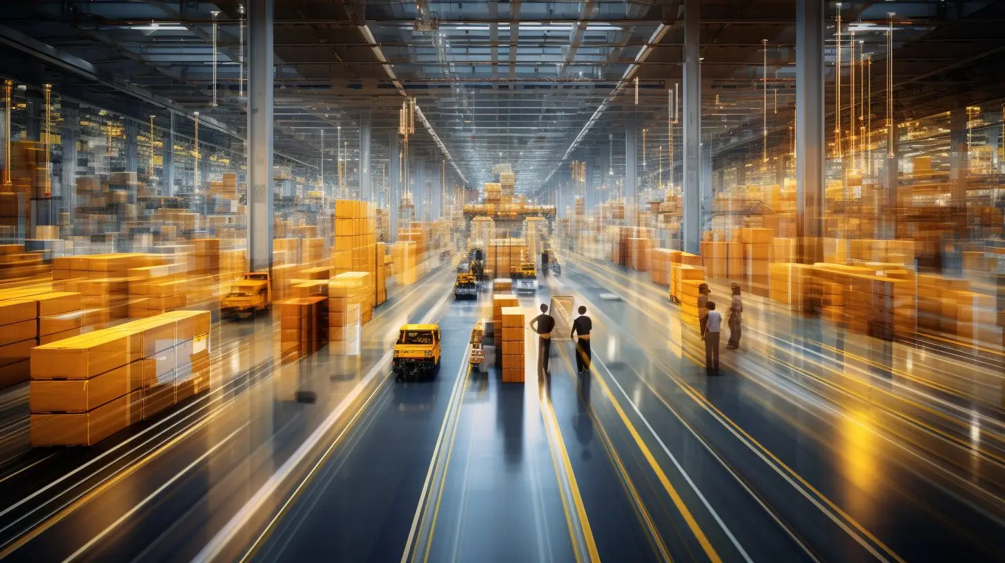 Logistikzentrum mit Mitarbeitern bei der Konsolidierung von Gütern, LKW-Laderampen und gestapelten Containern im Hintergrund