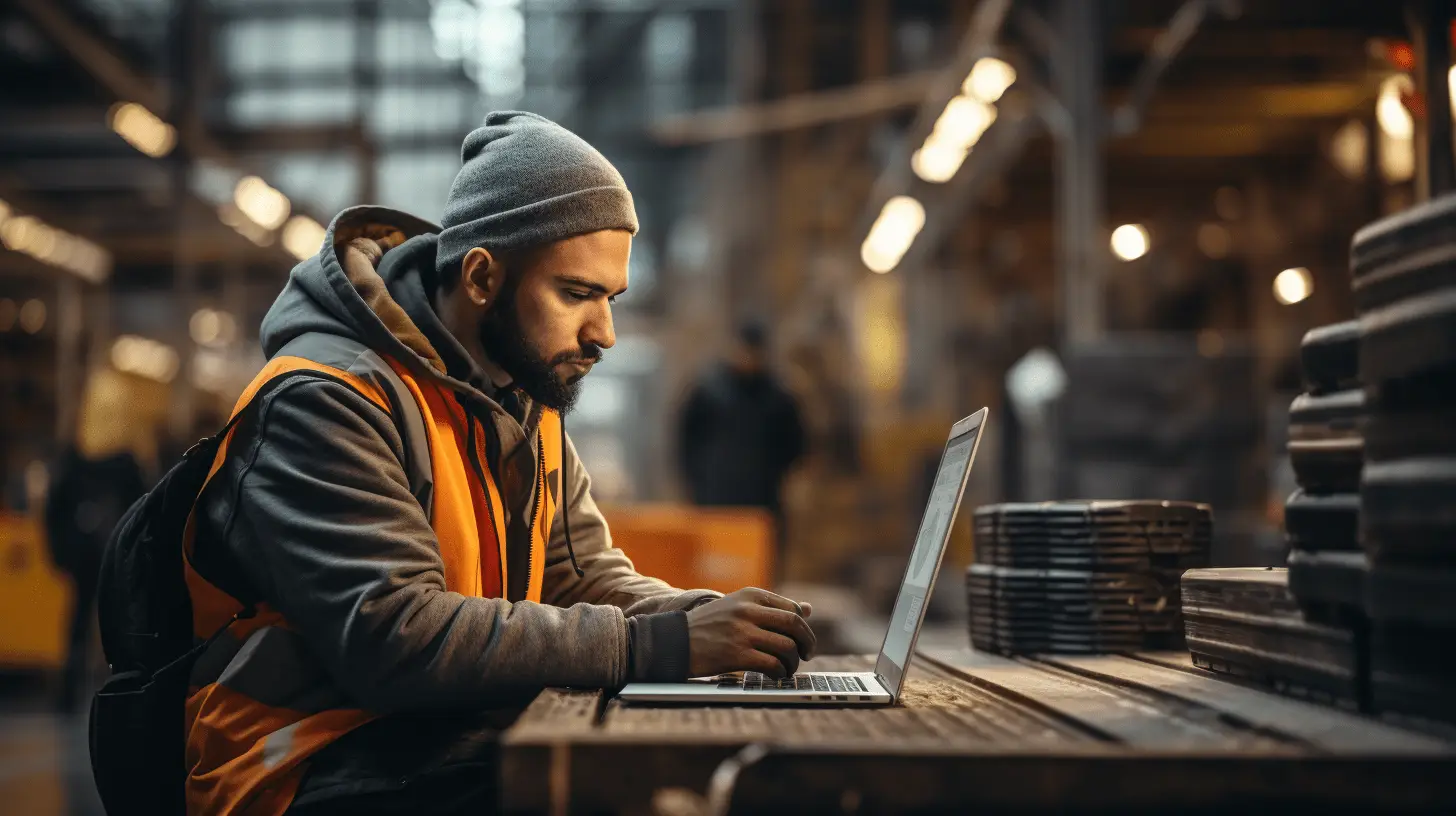 Mann arbeitet am Laptop im Warenlager zur Analyse von Opportunitätskosten