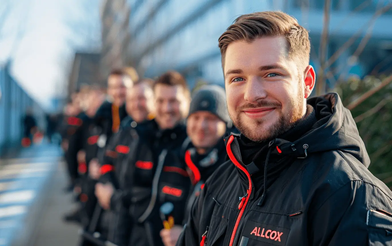 Mehrere Mitarbeiter im Lager lächeln – Illustration für innovative Rekrutierungsstrategien.