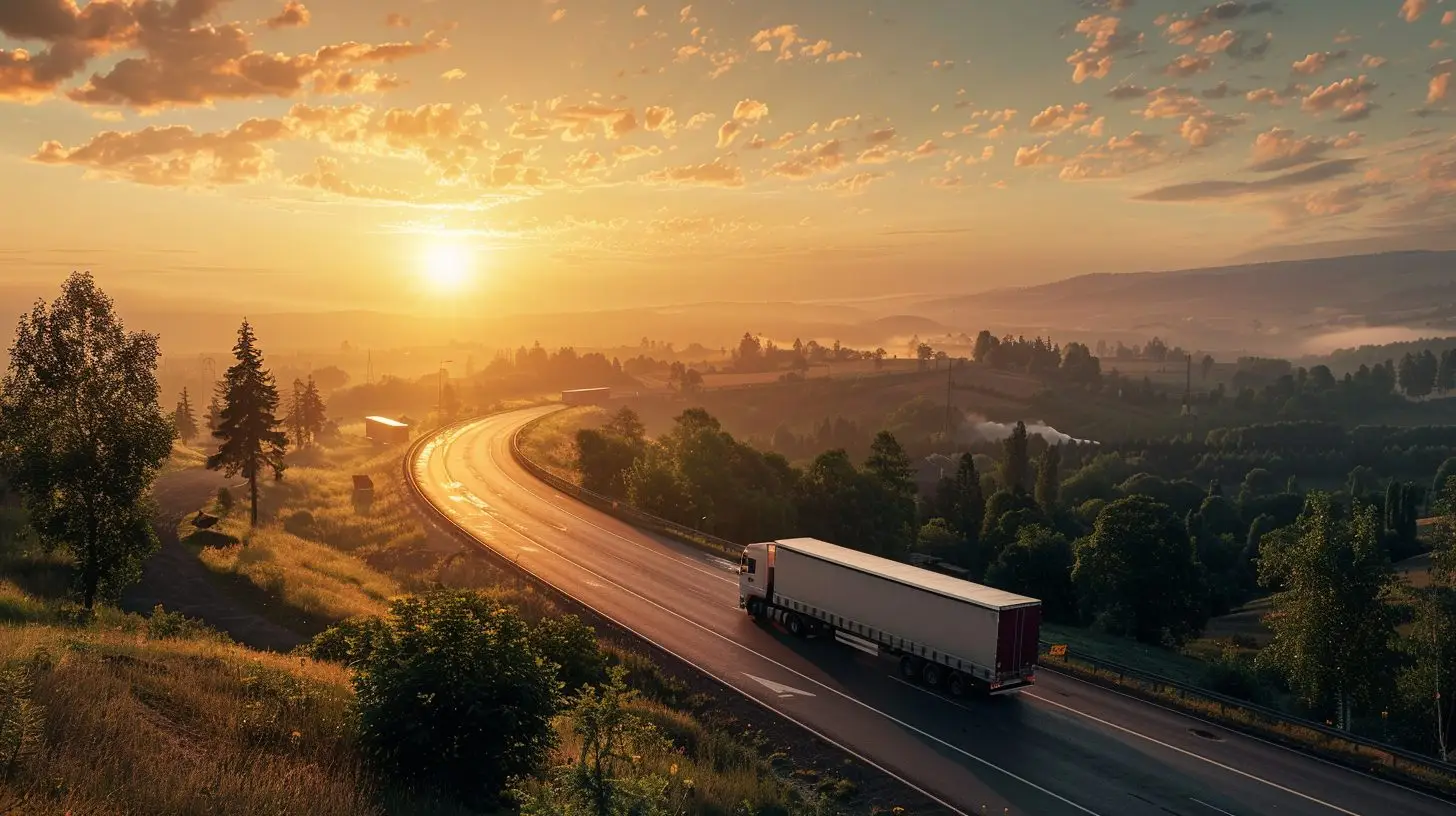 LKW fährt auf Autobahn durch natürliche Landschaft bei Sonnenuntergang, symbolisch für nachhaltige Logistik