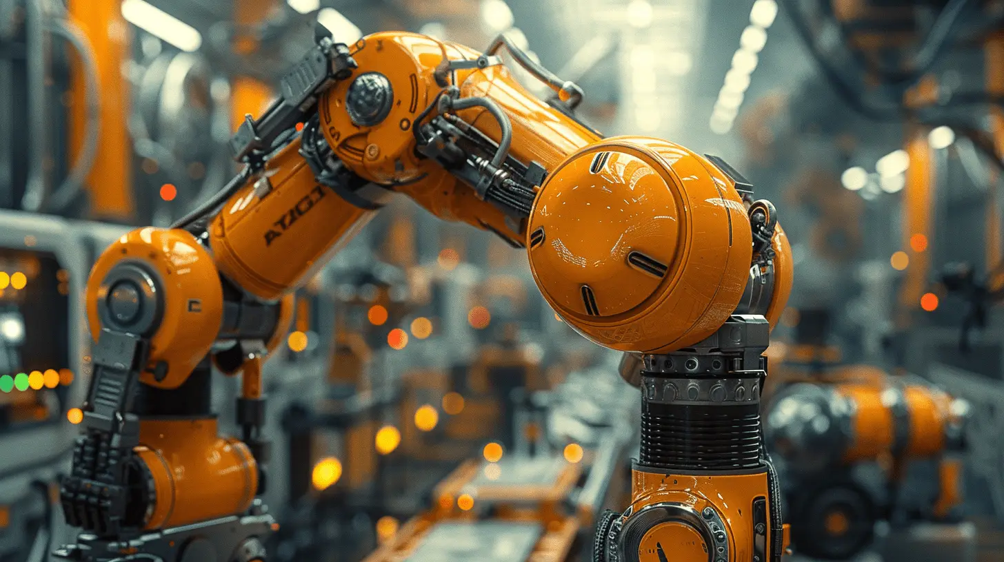 Dunkelgelber Palettierroboter automatisiert den Palettierungsprozess in einer Produktionshalle