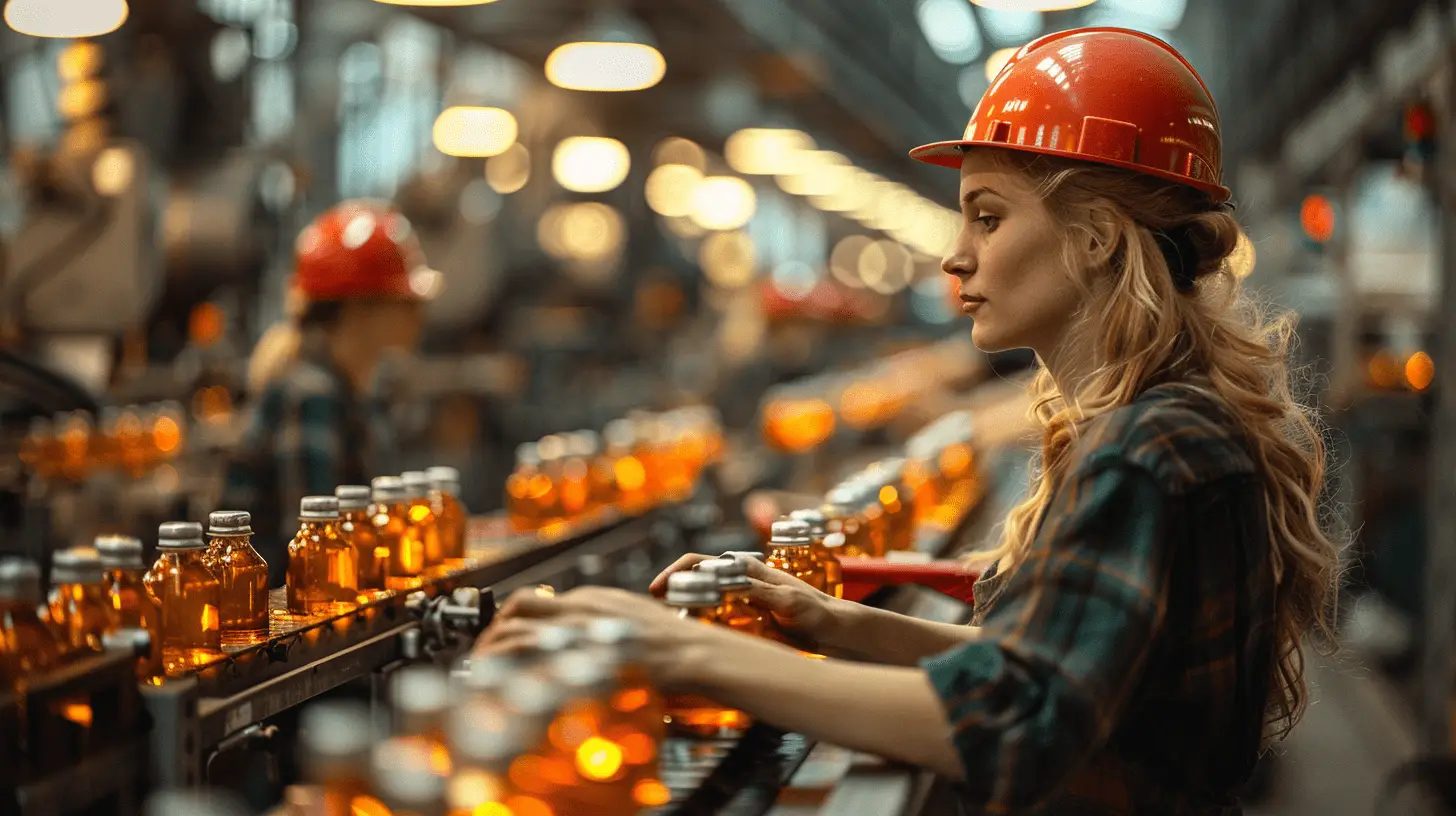 Frau mit rotem Schutzhelm überwacht Flaschenproduktion im Rahmen des Variantenmanagements
