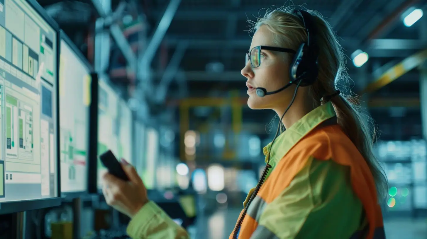 Logistikmitarbeiterin mit Headset und Fernbedienung nutzt Augmented Reality auf Bildschirmen