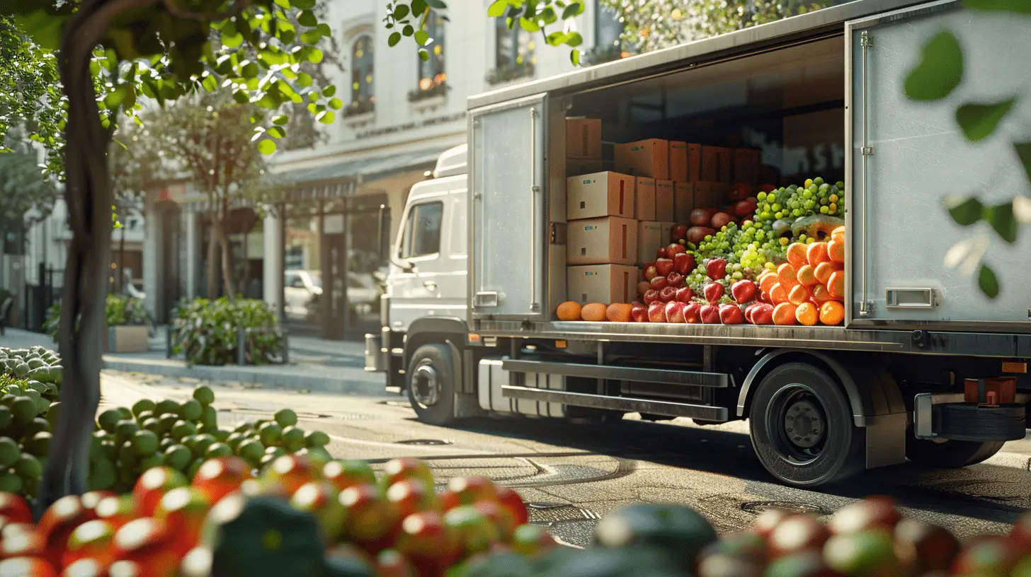 LKW beladen mit saisonalen Produkten wie frischem Obst und Gemüse, repräsentiert moderne Lagerlösungen, auf einem Parkplatz unter blauem Himmel.