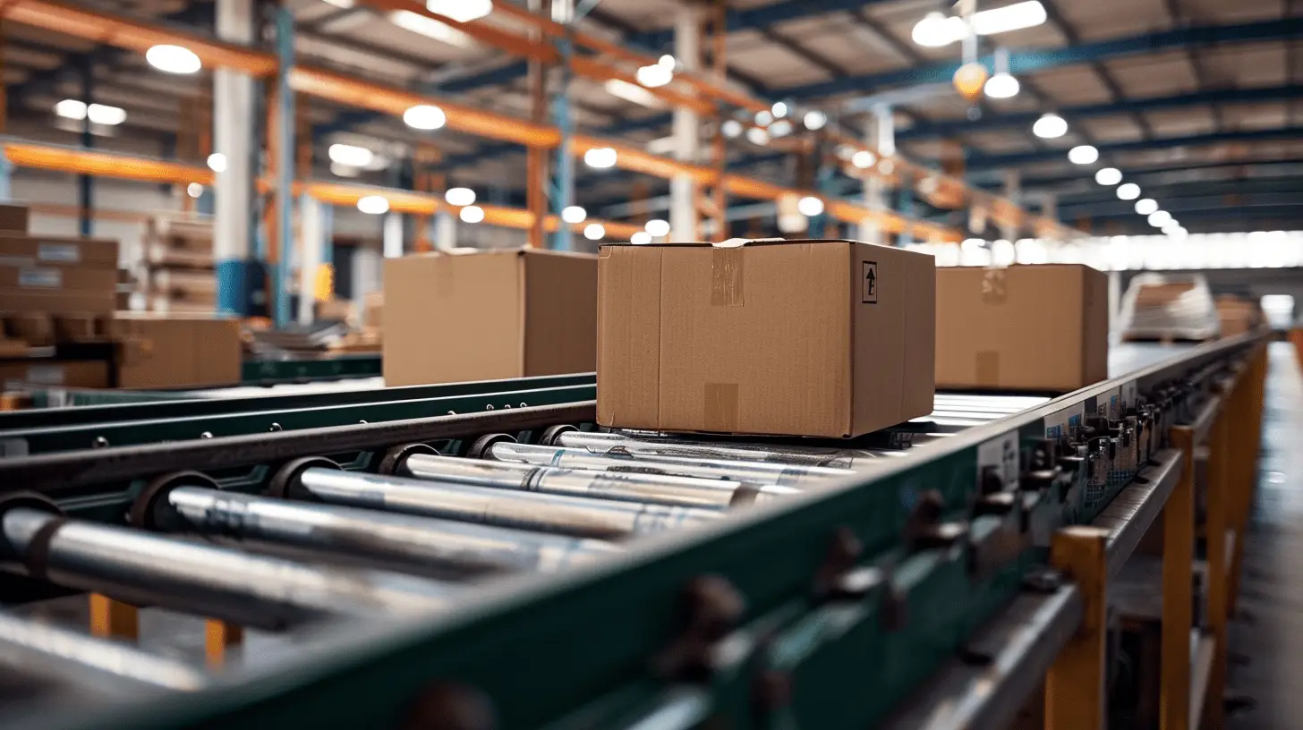 Förderband mit Paketen im Logistikzentrum, symbolisiert die Effizienz der Packer Crew.