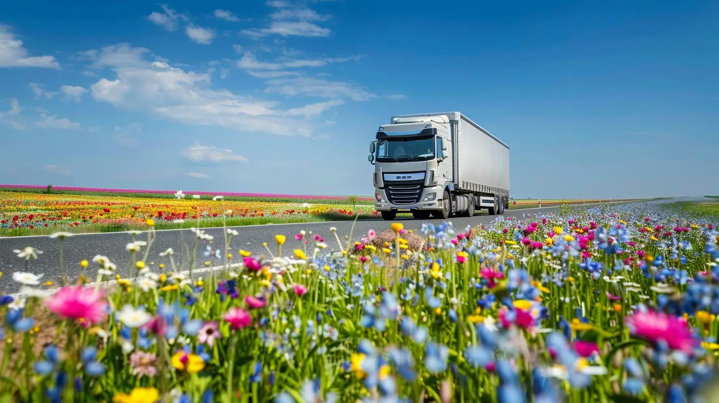 LKW fährt an einem sonnigen Sommertag über eine Landstraße, umgeben von grüner Landschaft.