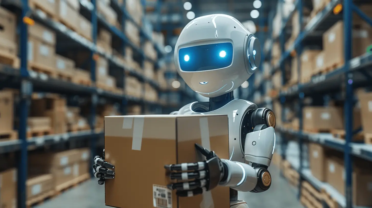 Lieferroboter hält ein Paket für die letzte Meile der Zustellung