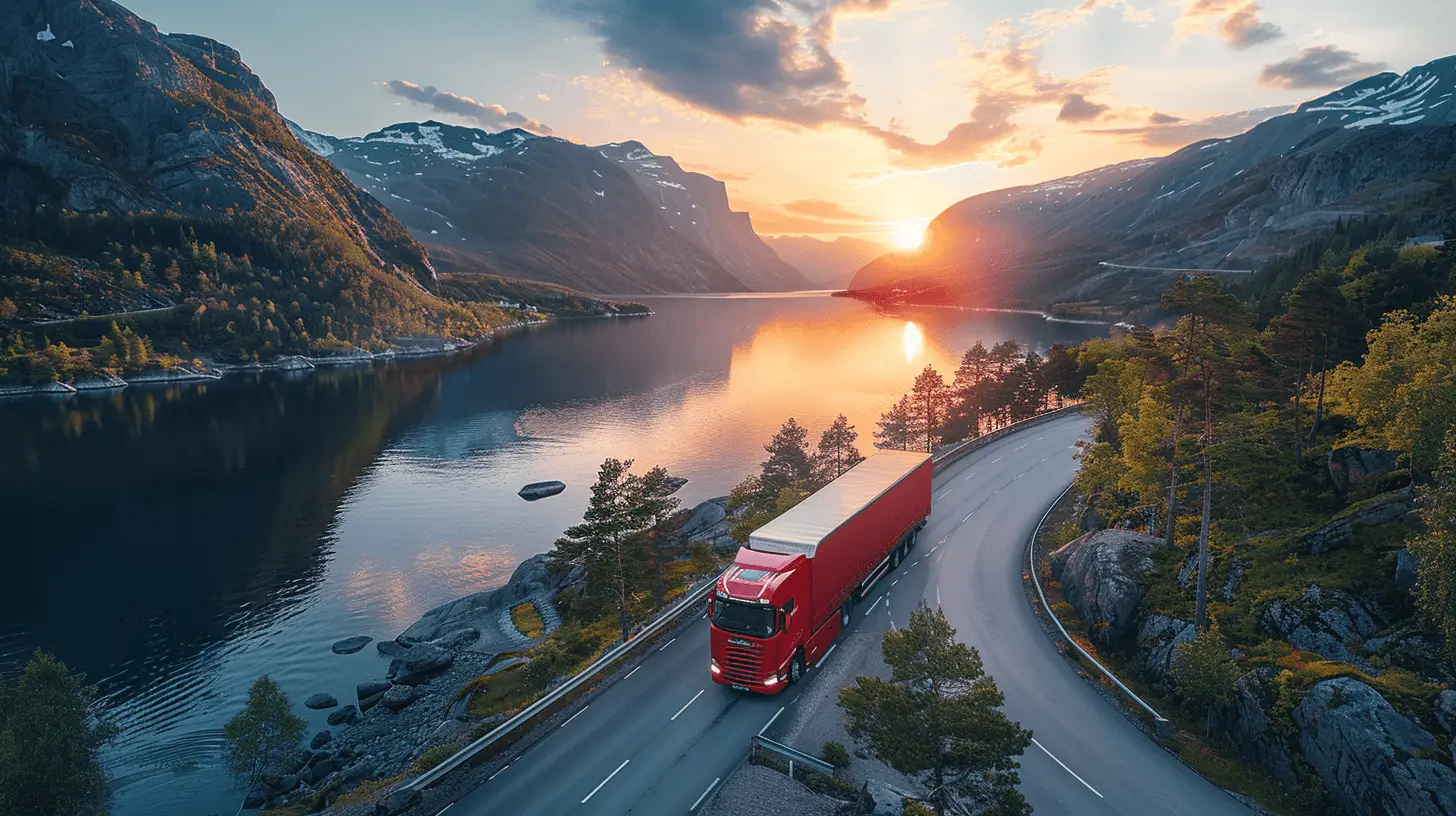 Roter LKW fährt durch eine Sommerlandschaft
