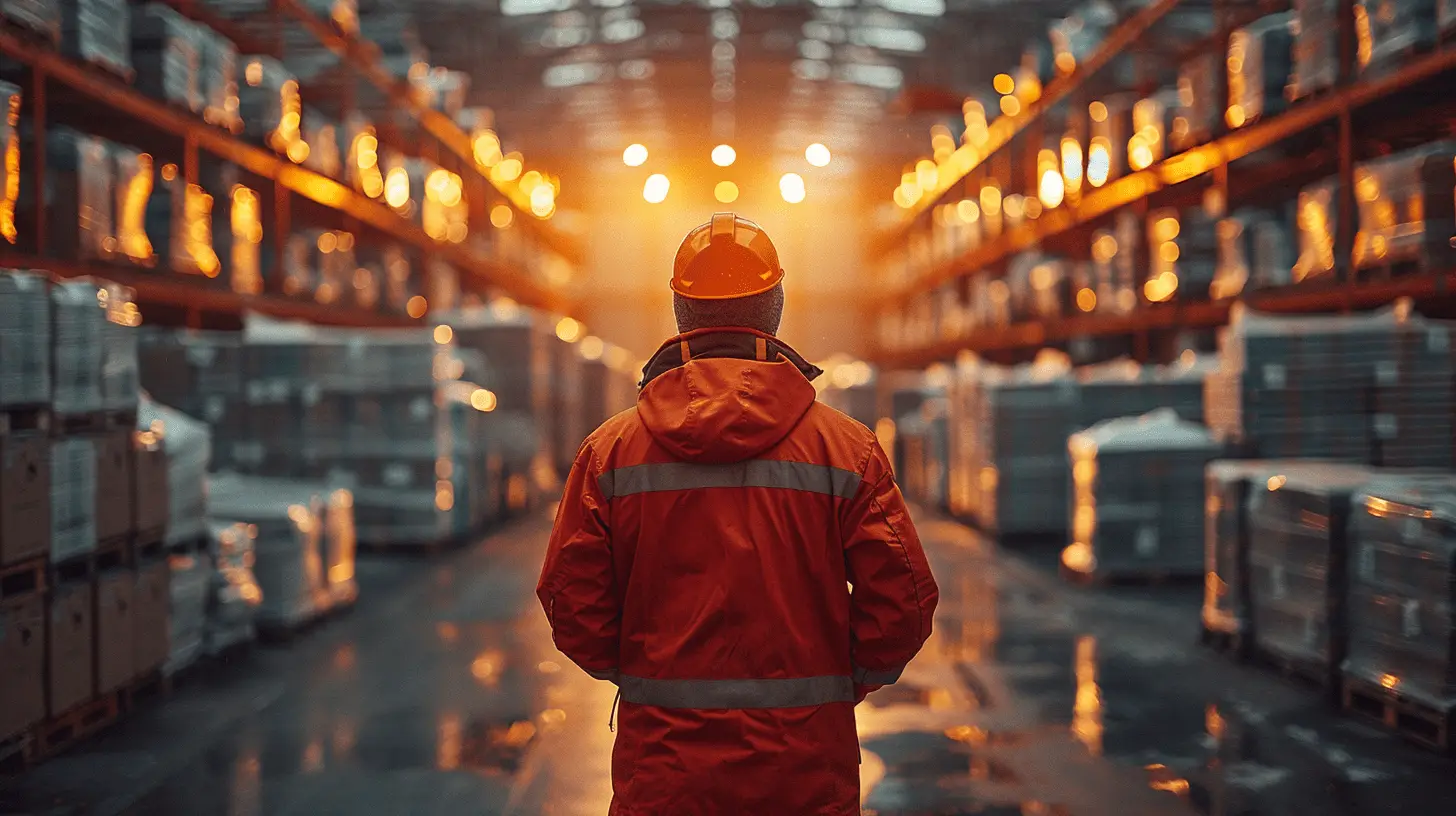 Logistikmitarbeiter blickt im Lager nachdenklich auf die Pandemie zurück, symbolisiert Krisenresistenz.