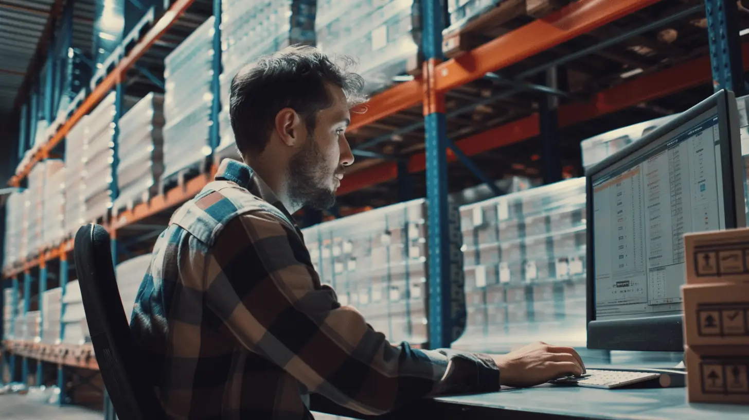 Logistikmitarbeiter sitzt an seinem Schreibtisch im Lager und arbeitet an technischen Aufgaben, symbolisiert den Wandel vom Packer zum Techniker