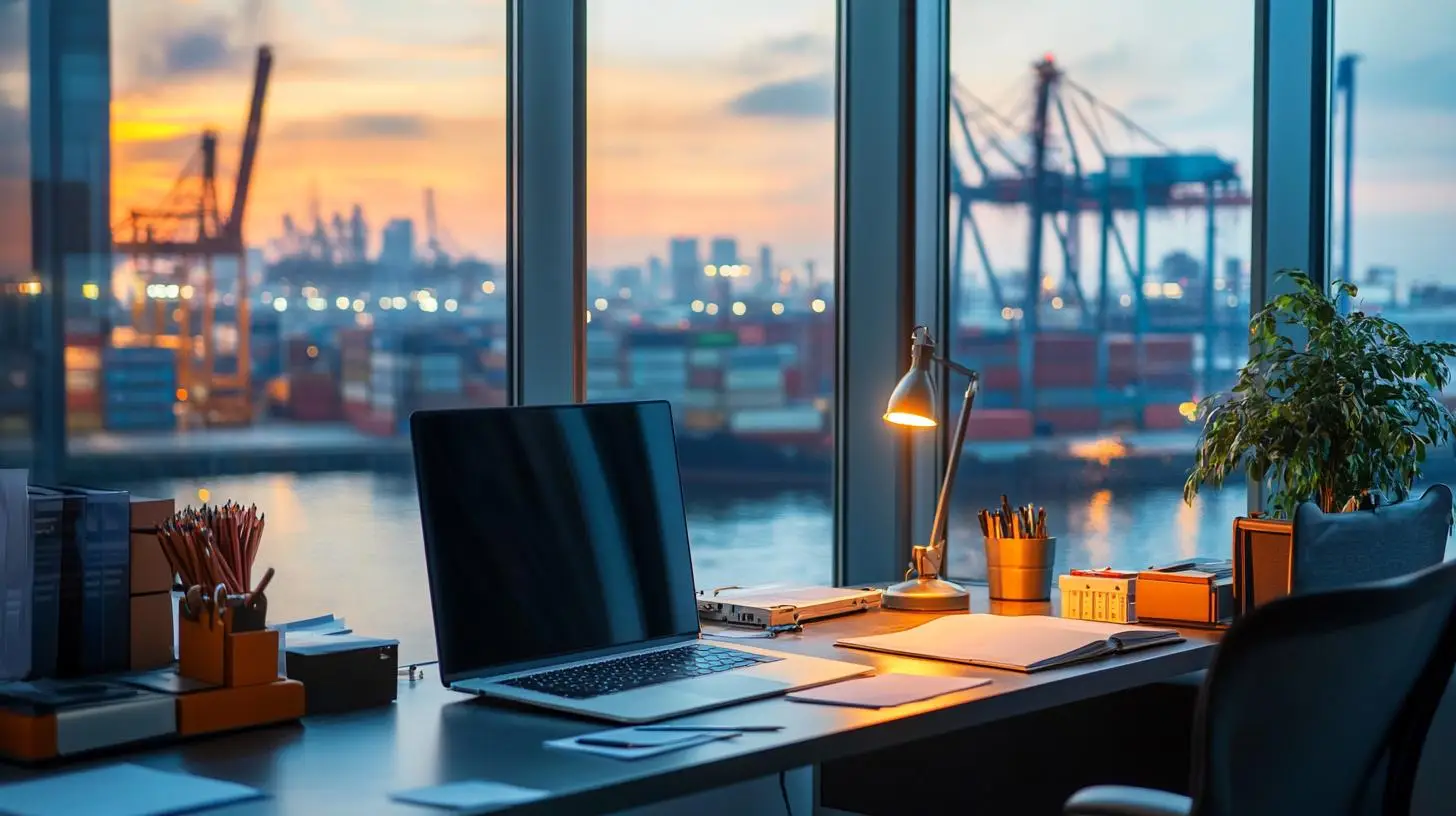 Logistikverträge auf einem Schreibtisch vor einer Schiffswerft mit Containern