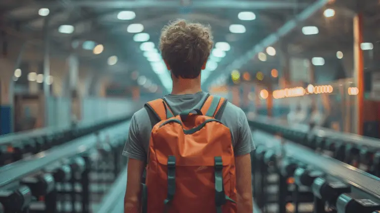 Mitarbeiter mit Rucksack und T-Shirt, bereit für den Urlaub, symbolisiert gut organisierte Lieferketten.