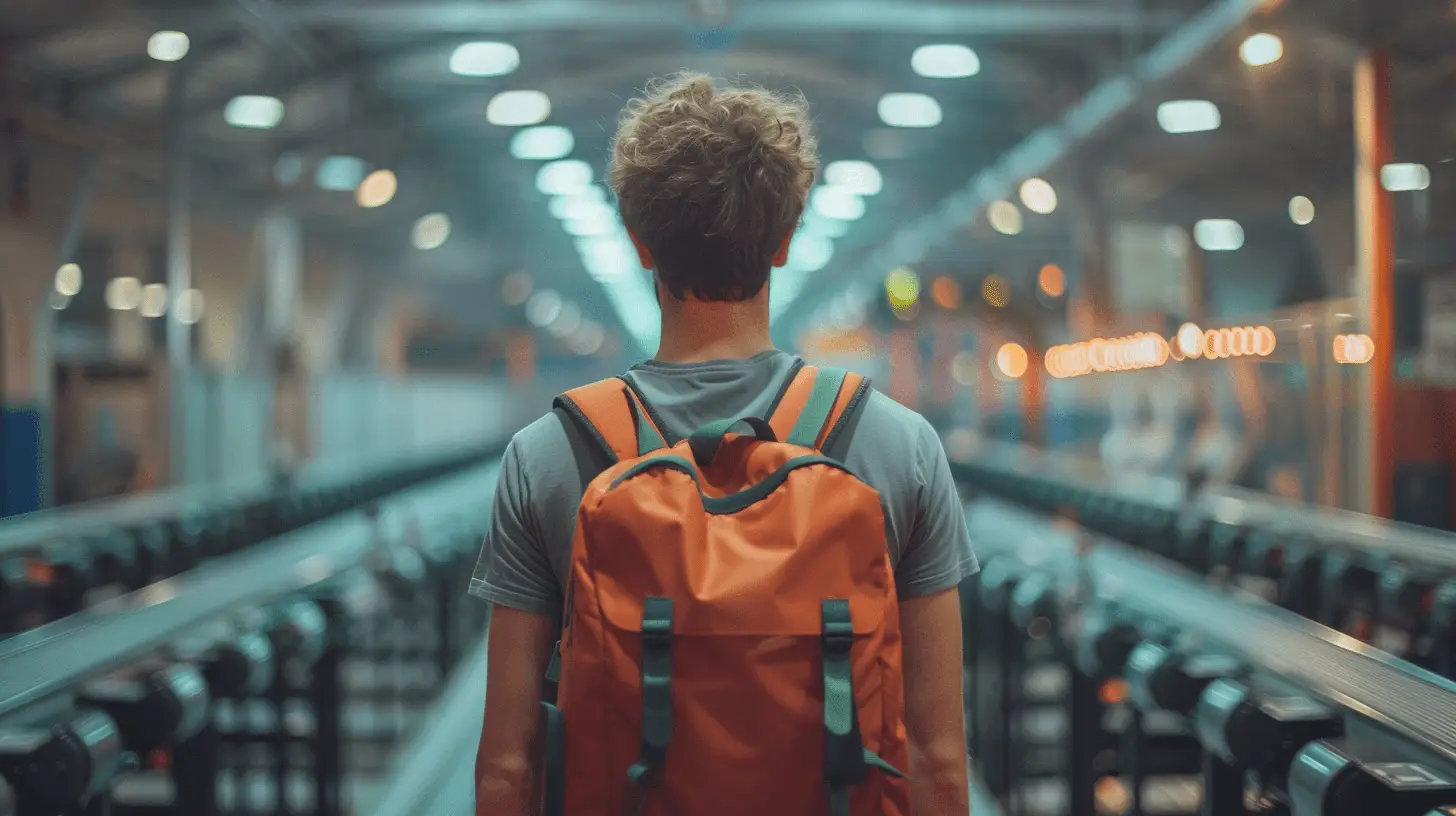 Mitarbeiter mit Rucksack und T-Shirt, bereit für den Urlaub, symbolisiert gut organisierte Lieferketten.