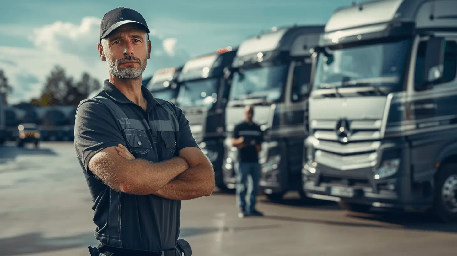 Logistikmitarbeiter vor grauen LKWs im Logistikzentrum