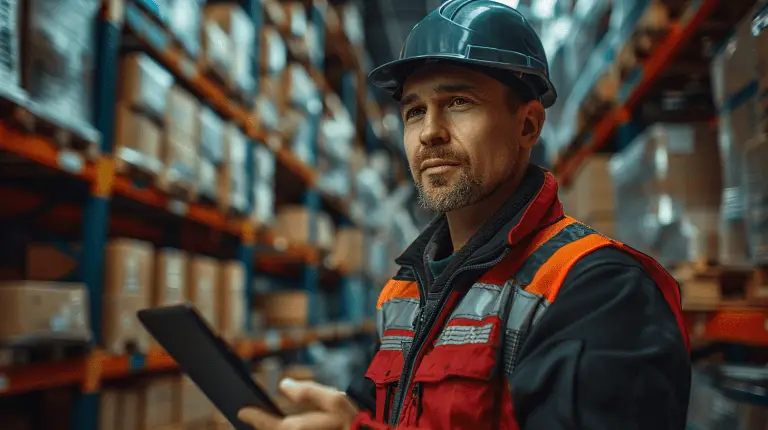 Projektmanager einer Logistikfirma überprüft Daten auf einem Tablet im Lagerhaus.
