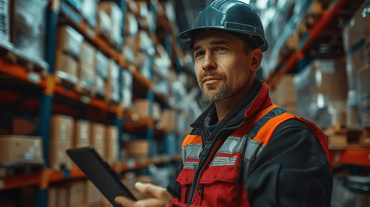 Projektmanager einer Logistikfirma überprüft Daten auf einem Tablet im Lagerhaus.