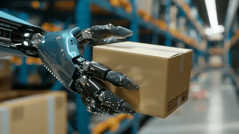 Roboterhand hält ein Paket, symbolisiert Lagerautomatisierung in der Logistik.