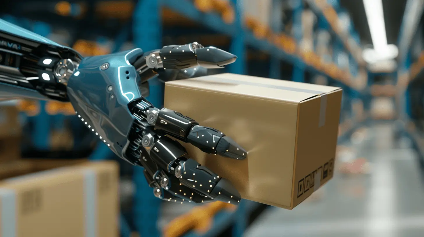 Roboterhand hält ein Paket, symbolisiert Lagerautomatisierung in der Logistik.