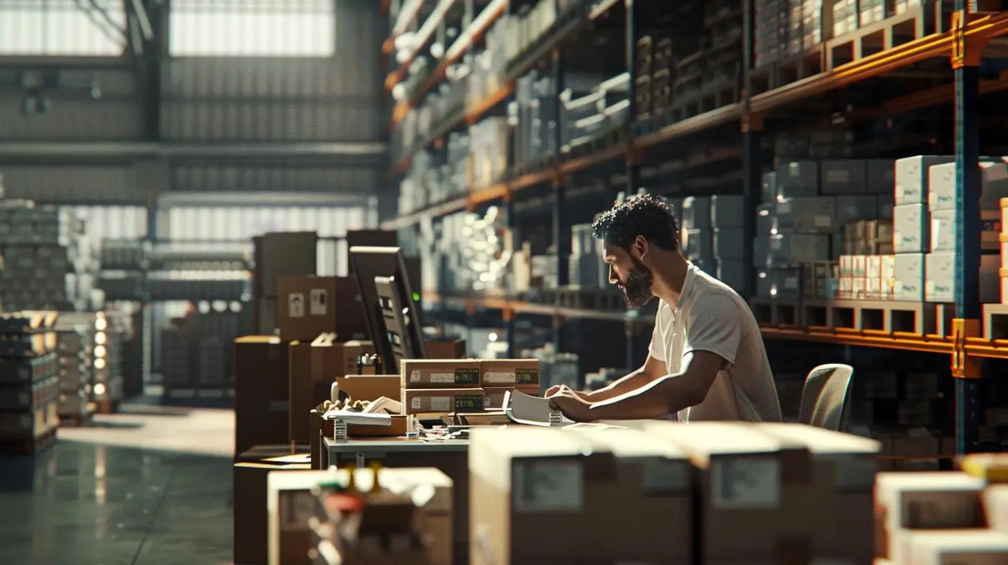 Mitarbeiter an einem Schreibtisch in einer großen Lagerhalle, umgeben von Regalen voller Waren, während er am Computer arbeitet.