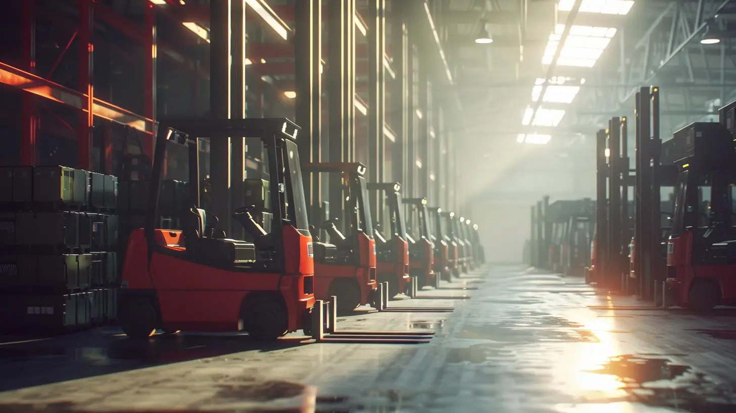 Ergonomie in der Lagerlogistik: Gabelstapler in einer modernen, gut organisierten Lagerhalle im sanften Sonnenlicht.