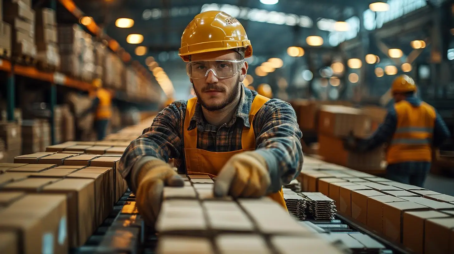 Konsignationslager mit Arbeiter an einem Förderband, der Kartons sortiert und stapelt.