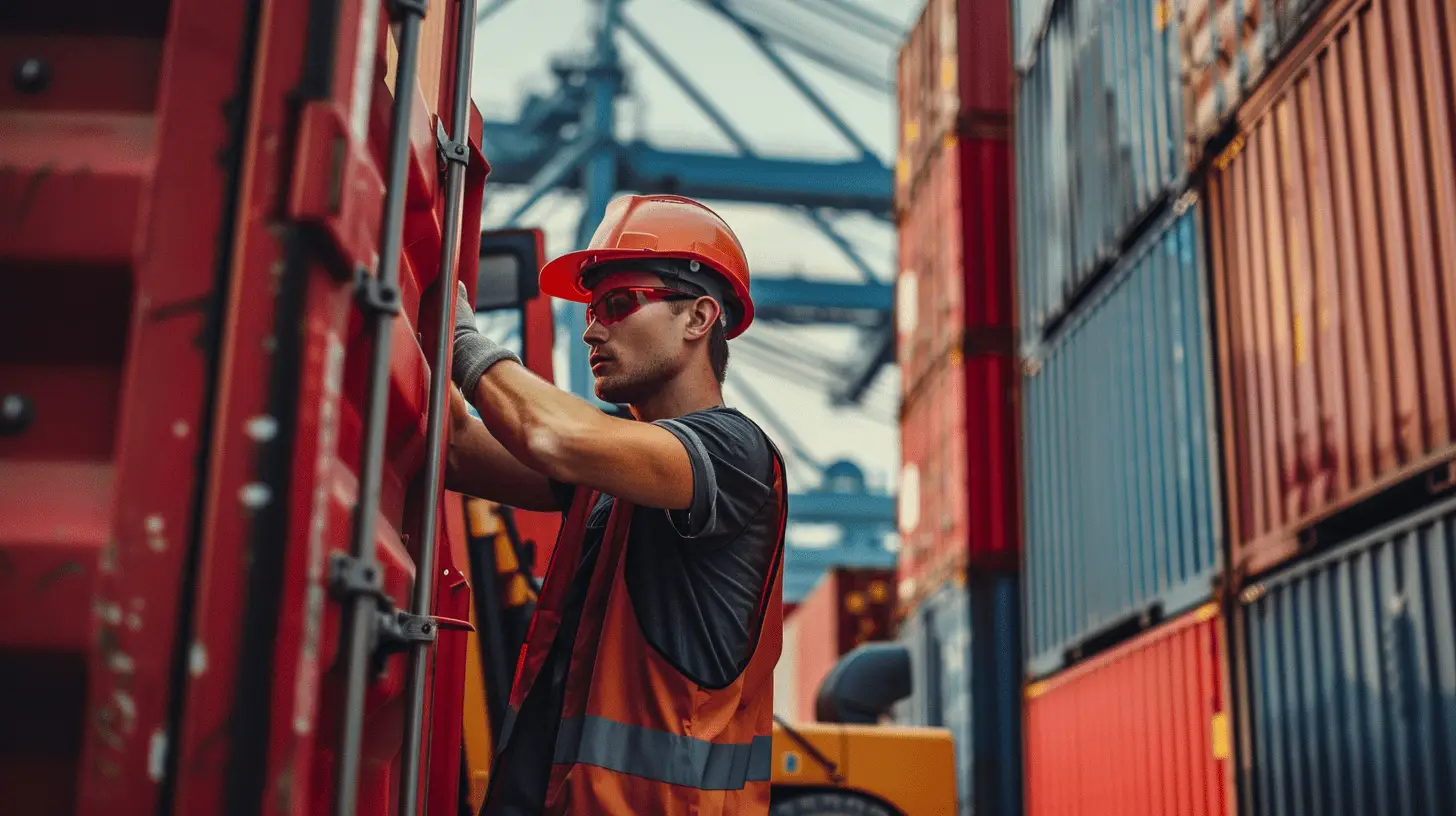 Logistikmitarbeiter mit Migrationshintergrund arbeitet an einem Schiffscontainerhafen, trägt Schutzweste und Helm, überprüft Container.