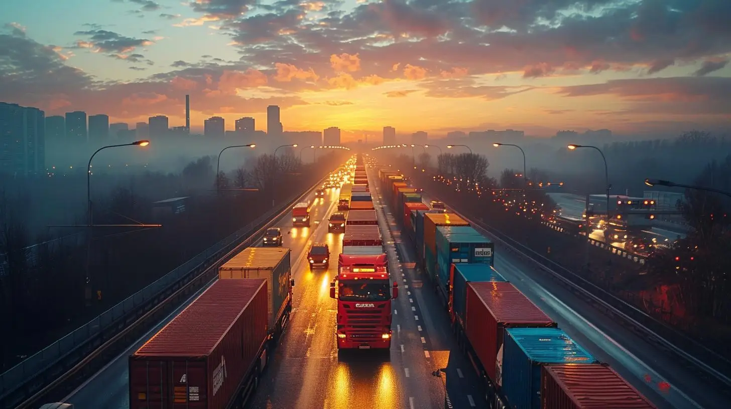 Belebte Straße voller LKWs im intensiven Verkehr